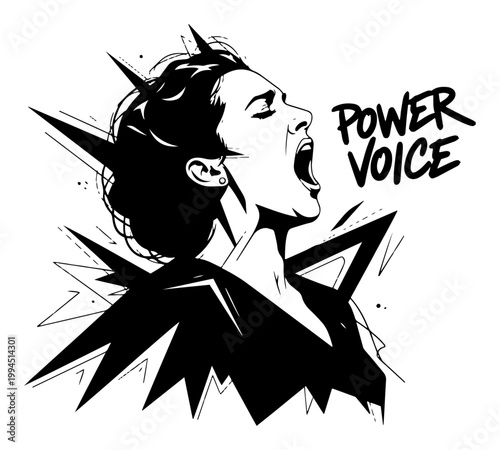 Woman shouting loudly with wide open mouth and power voice text in expressive black and white comic style