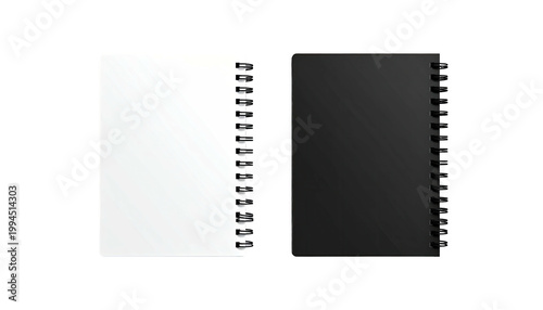 Two spiral notebooks, one white, one black, simple isolated image
