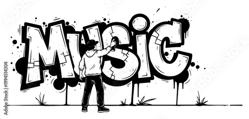 Graffiti artist spraying music word on wall in urban street art black and white style