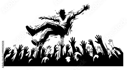 Rockstar stage diving into crowd of fans during live concert performance in sketchy hand drawn style