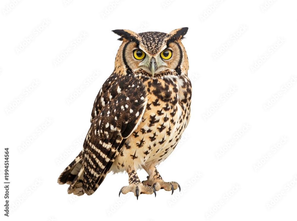 Obraz premium A close-up view of a brown and black owl with bright yellow eyes, perched on a branch or tree stump