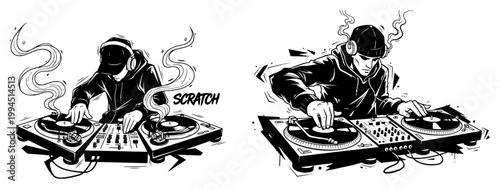 Obraz na plátně DJ scratching on vinyl turntable mixer at party in energetic hand drawn sketch s
