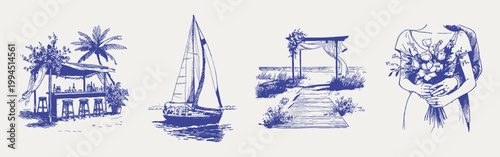 Coastal wedding scenes with bar sailboat arch bouquet sketch set. Illustrations for invitations and branding, hand drawn pencil style with airy line texture and light hatching.