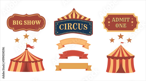 Vintage Circus Labels, Tickets and Tents vector Set in Retro style. Carnival themed vector in red and gold collection for posters, flyers, certificates and invitations