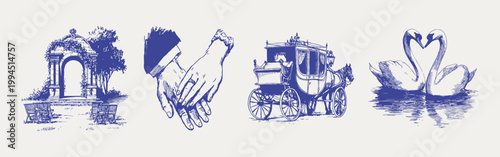 Romantic wedding symbols arch hands carriage swans sketch set. Illustrations for invitations and storytelling, hand drawn pencil style with crisp line texture and gentle shading.