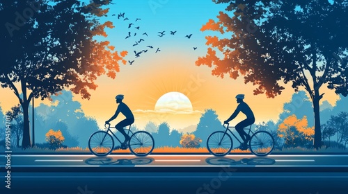 The silhouettes of cyclists riding along the road at sunset amidst the trees – a harmonious backdrop for an active lifestyle, eco-tourism, or the evocation of freedom, movement  