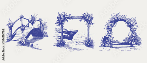 Floral garden arches and bridge romantic wedding sketch set. Illustrations for invitations and venue styling, hand drawn pencil technique with fine linear texture and light crosshatch strokes.