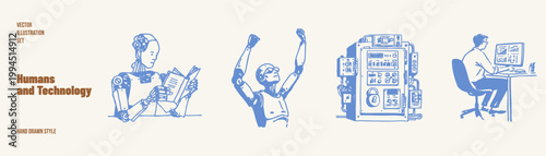 Robot reading book and human working computer scene. Illustrations for education platforms and digital learning concepts. Hand drawn sketch, pencil style with detailed linear strokes.