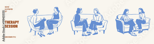 Female therapist consulting client in calm conversation set. Illustrations for counseling services and mental health blogs. crayon drawn sketch, pencil style with clean flowing lines.