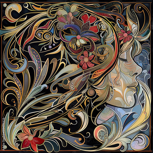 Art Nouveau Woman Portrait with Elegant Floral Ornaments and Vintage Decorative Curves
