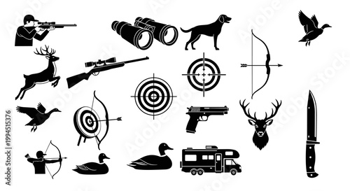 Hunting and Outdoor Adventure Silhouette Icon Set Minimalist Black Vector Illustration for Wilderness and Sports Branding