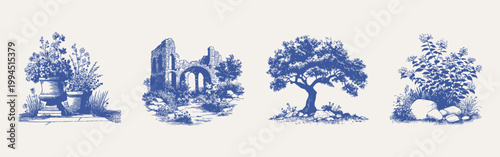 Botanical garden, ruins, tree compositions vintage illustration set. Illustrations for wallpaper and print, hand drawn pencil sketch style with clean line texture and gentle shading strokes.