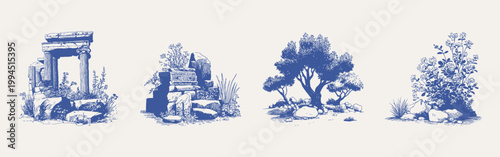 Ancient ruins, garden, stones, trees botanical illustration set. Illustrations for wallpaper and textile design, hand drawn sketch style with detailed line texture and fine shading.