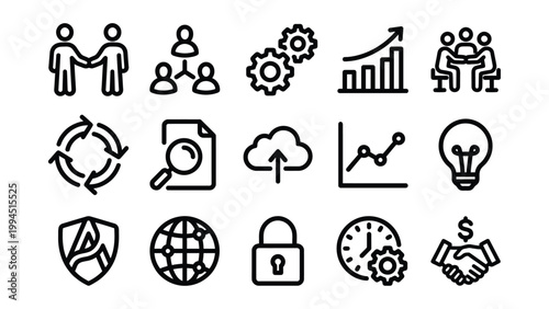 Set of business and finance icons vector illustration problem solving business teamwork collaboration partnership strategy analytics security protection management efficiency handshake