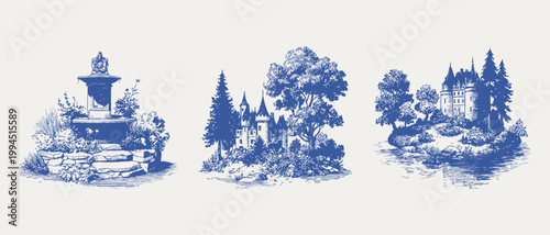 French castle, garden fountain landscapes vintage illustration set. Illustrations for wallpaper and invitation design, hand drawn pencil sketch style with detailed line texture and soft shading.