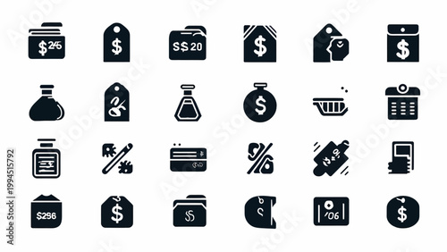 Financial icons collection illustrates a series of dark commerce symbols representing banking and monetary transactions.