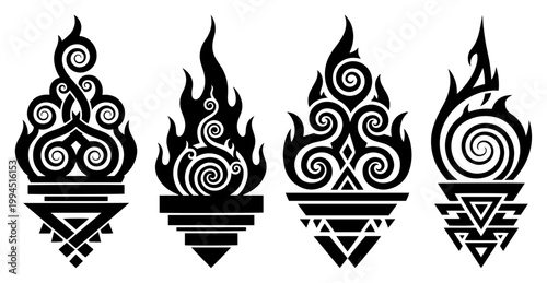 Schilderij op canvas Stylized burning torches with swirling flames and geometric bases in graphic vec
