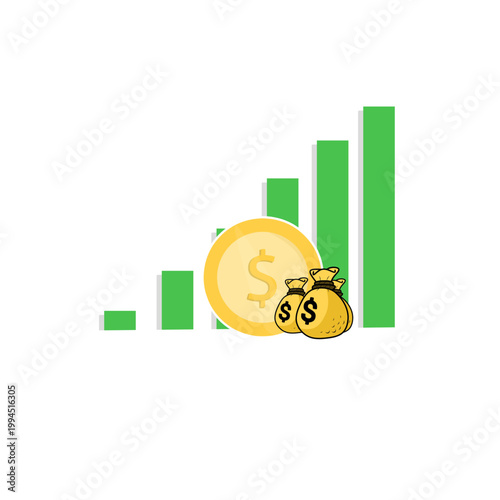 Financial growth concept with a rising bar chart, a gold coin, and money bags, representing investment, savings, and profit increase