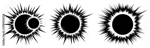Solar eclipse phases with sun corona and solar flares in graphic ink style