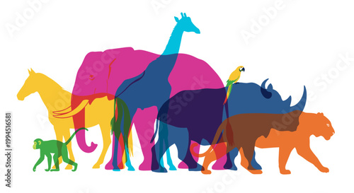 Colorful Overlapping Wildlife Animal Silhouettes Professional Vector Illustration for Diversity and Nature Conservation Branding
