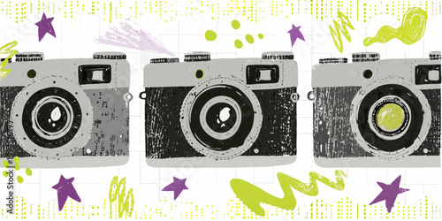A colorful patterned background featuring a row of vintage cameras