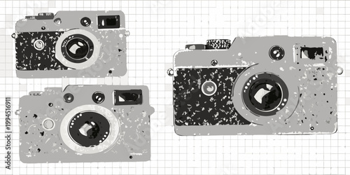 Three vintage cameras are illustrated on a grid background
