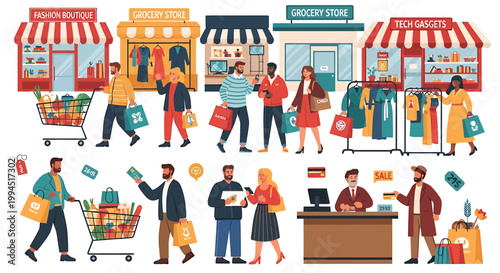 A diverse collection of shoppers and storefronts, depicting various retail experiences from boutique fashion to grocery and tech shops