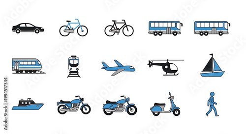 Set of various transportation icons including cars, bicycles, buses, trains, airplanes, helicopters, boats, motorcycles, scooters, and a pedestrian