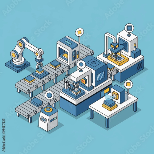 Industrial manufacturing process with robotic automation.