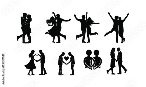 Couples embracing dancing love romance celebration vector silhouette illustration icon set.