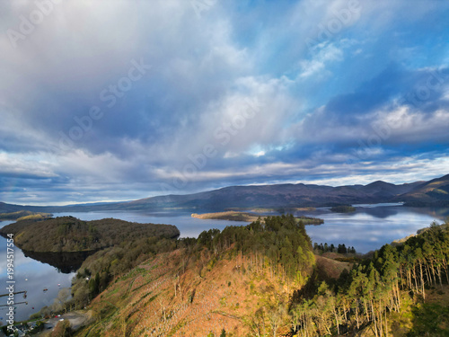 April 19th, 2026. Aerial View of Balmaha Valley Glasgow Landscape During Sunset Time. The village is a popular tourist destination for picnickers and day trippers from Glasgow