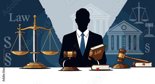 Justice and Law Symbols of Legal System, Scales of Justice, Gavel, and Law Books Representing Legal Profession and Judiciary