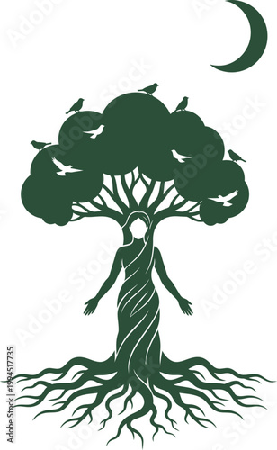 Woman tree with a crescent moon and birds. Nature spirit and mother earth concept. Vector illustration for yoga and ecology