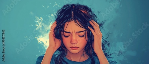 A girl wearing headphones is clutching her head, expressing distress caused by noise or stress — an emotional backdrop for content on mental health or auditory overload.