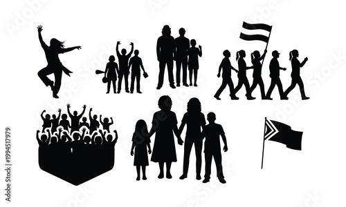 People protesting vector silhouette illustration, line art set, activism, white background.