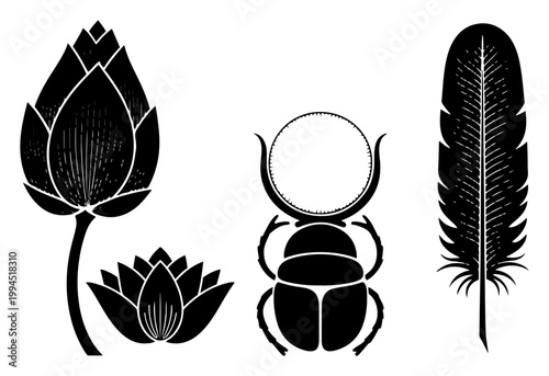Egyptian lotus flower scarab beetle and feather symbols in bold graphic style