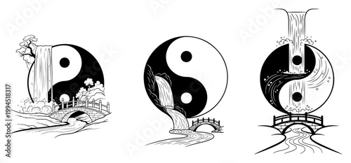 Yin yang symbol landscape with waterfalls and traditional bridges in delicate line art style