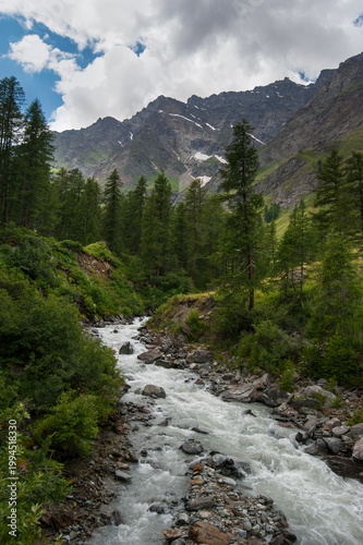 mountain landscape with river in the Italian Alps, Aosta Valley