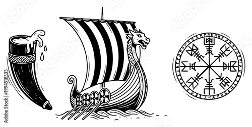 Viking longship drinking horn and runic compass symbols in vintage engraving style