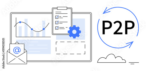 Peer-to-Peer network concept. P2P communication with data charts, cloud storage, and email exchange. Peer-to-Peer advancing digital communication and decentralized data. Usable for finance