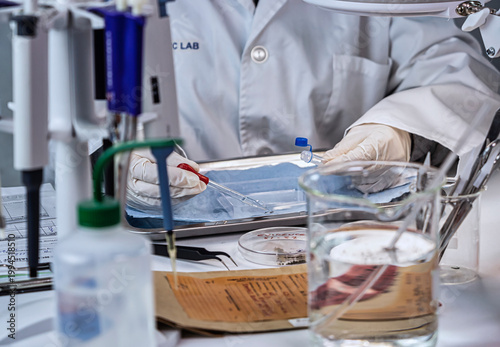 Hematological analysis with forensic test kit in a murder in a crime lab, conceptual image