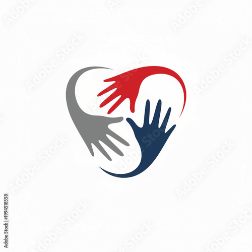 Heart hands logo with red gray blue painted strokes representing care, teamwork, and community support