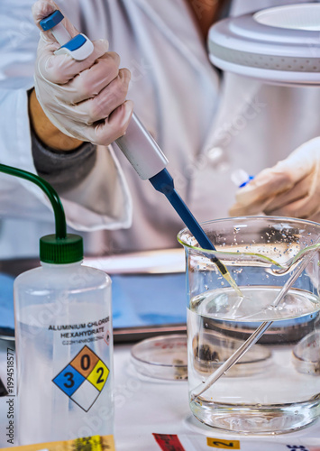 Hematological analysis with forensic test kit in a murder in a crime lab, conceptual image