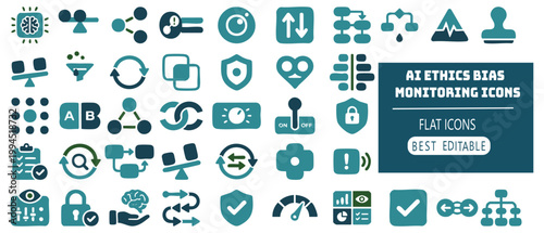 Collection of flat AI ethics bias monitoring icons set transparent background.