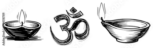 Diwali oil lamps and spiritual Om symbol in decorative hand drawn style