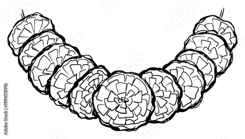 Marigold flower garland for festive decoration in hand drawn sketch style