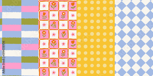 Vector set of hand drawn seamless pattern in simple doodle sketchy floral wavy and groovy naive style, dopamine and cottage core aesthetic, delicate gentle girlie backgrounds