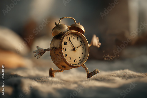Vintage Alarm Clock with Legs Running Away from Bed at Dawn – Whimsical Morning Avoidance Concept

