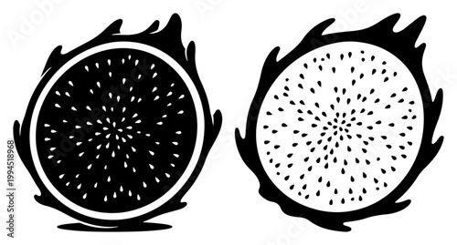 Dragon fruit pitaya cross section slices in bold black and white vector style