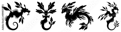 Mythical dragon and seadragon silhouettes in decorative tribal vector style